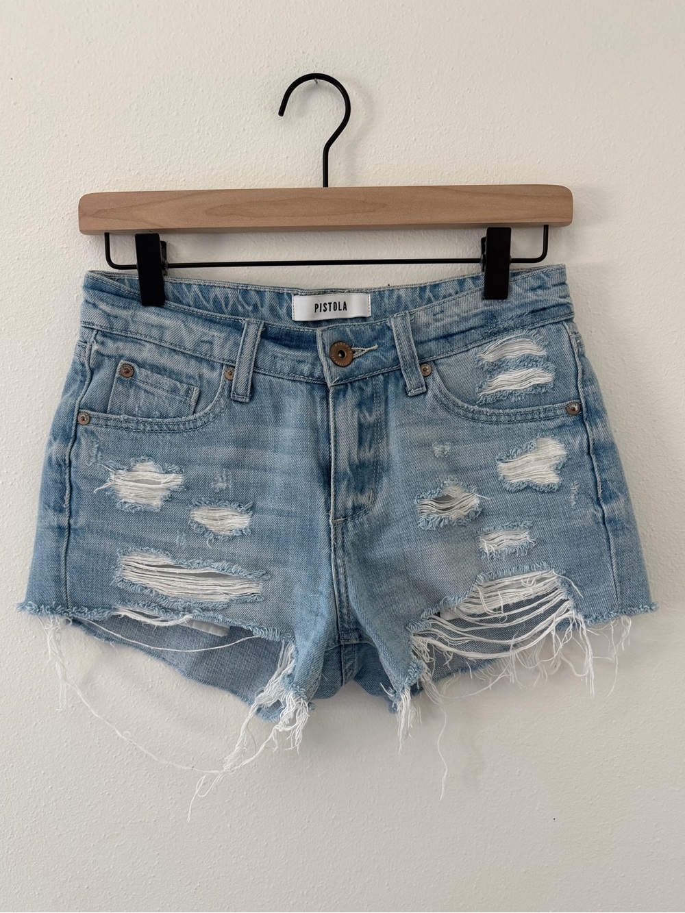 PISTOLA Distressed Faded Vintage Light Wash Raw Hem Mid Rise Shorts size 24